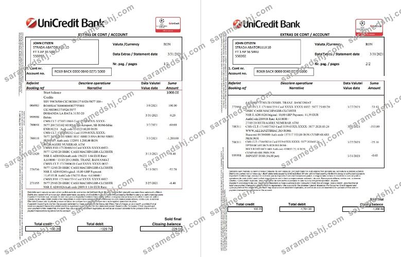 Romania UniCredit Bank 2 pages excel pdf